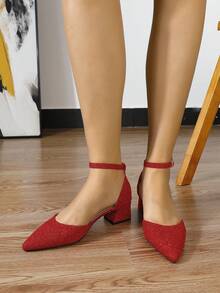 2025 Nuovi tacchi alti rossi in pizzo alla moda per donne, eleganti pumps con cinturino alla caviglia e tacco medio, scarpe Mary Jane con punta chiusa - Rosso - Visualizzare 2