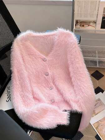 Dam Enfärgad Elegant Vintage Casual Romantisk Stickad Knapp Fuskpälskrage Långärmad Kofta V-ringad Tröja, Lämplig för Tebjudning, Tillbaka till skolan, Fest, Helgdag, Dejtkväll, Jul, Vardagskläder, Tidig vår och höst, Helgdagar