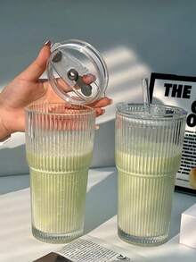 1 Set Striped Glass Cups With Straw And Lid, Portable And Simple Style Water Cup, Vertical Striped Glass Cup, High Quality Reusable Coffee And Juice Cup, Multifunctional Drink Container, Perfect For Home, Office, Beach, All Kinds Of Parties, Suitable For Coffee, Tea, Whiskey, Milk, Iced Americano And Latte Drinks