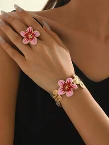 2pcs/Set Fashionable & Elegant Oil Drop Flower Adjustable Bangle & Ring Set, Sweet & Fresh Jewelry Accessories Suitable For Daily Wear, Dates, Vacations, Parties, Also Makes A Great Gift