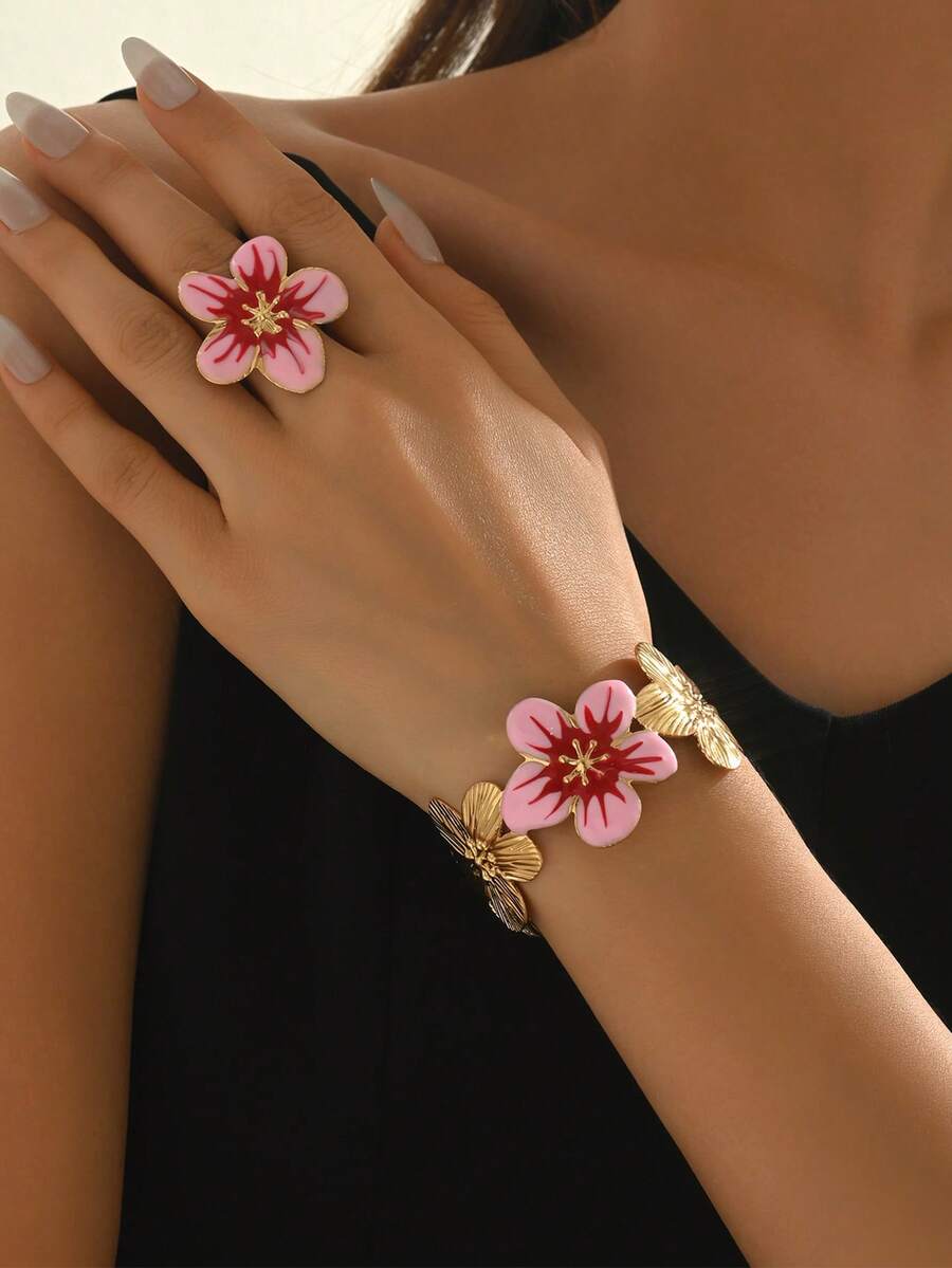 2pcs/Set Fashionable & Elegant Oil Drop Flower Adjustable Bangle & Ring Set, Sweet & Fresh Jewelry Accessories Suitable For Daily Wear, Dates, Vacations, Parties, Also Makes A Great Gift