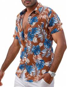 Men's Hawaiian Floral Shirt Short Sleeve Casual Button Down Shirt Summer Holiday Beach Shirt For Menhalloween - 棕藍色離開 - 查看 1