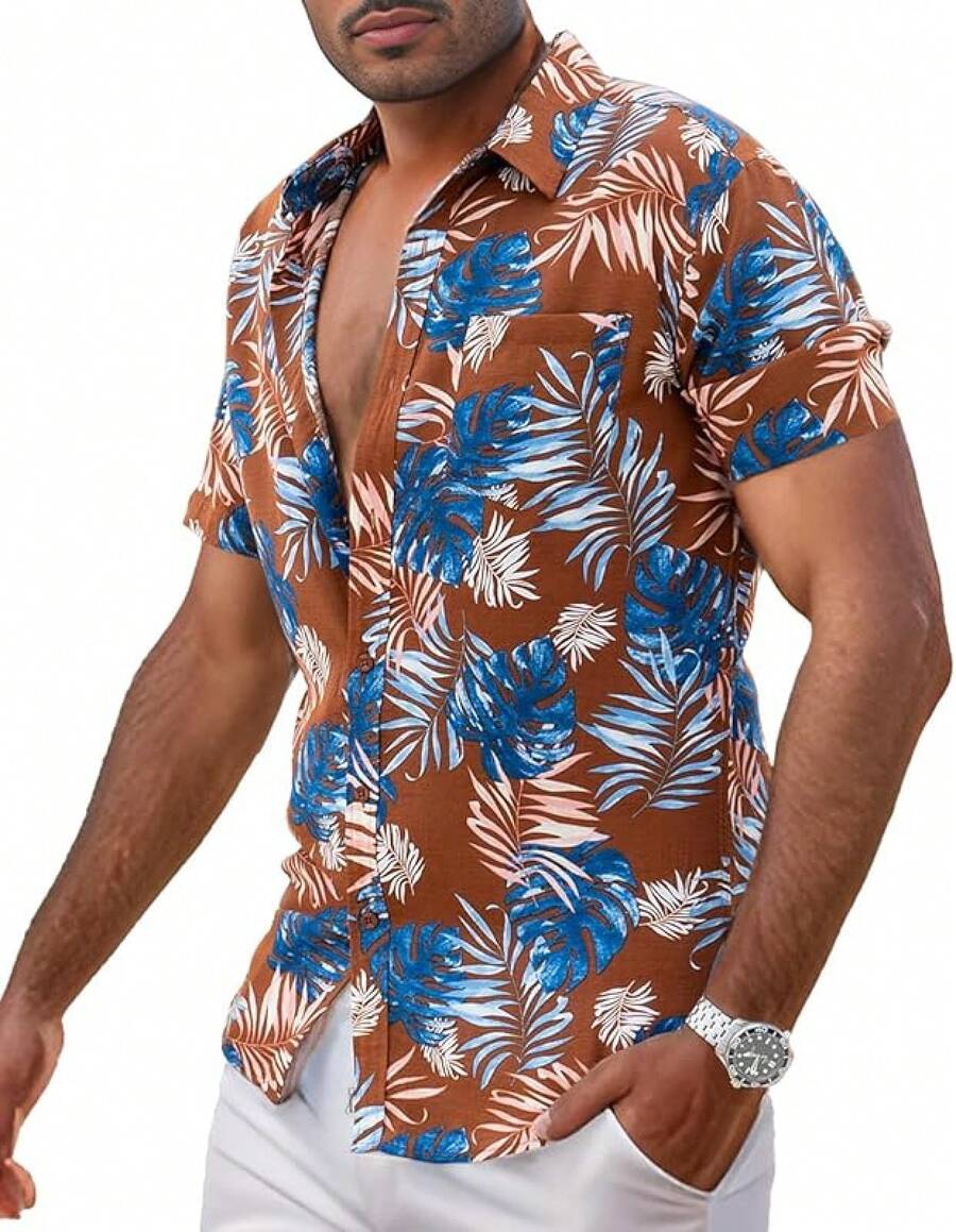 Men's Hawaiian Floral Shirt Short Sleeve Casual Button Down Shirt Summer Holiday Beach Shirt For Menhalloween - 棕藍色離開 - 查看 1