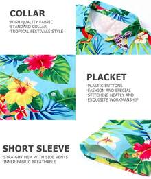 Men's Hawaiian Shirt Button Down Tropical Beach Short Sleeve Aloha Shirthalloween - 白花藍 - 查看 8