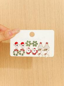 6 أزواج من أقراط عيد الميلاد بتصاميم بابا نويل، ثلج، قصب السكر، رنة، وقبعة عيد الميلاد للنساء