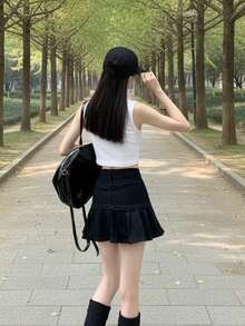 YEAE | 休闲女士梭织面料 A 字裙，拉链细节褶皱短款，高弹力面料 - 黑色 - 查看 6