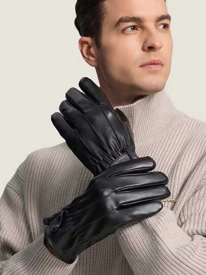 1 Pair Men's Autumn/Winter Fashion Warm PU Leather Gloves, Outdoor Windproof Waterproof Thermal Lined Touchscreen Gloves, Faux Sheepskin Faux Leather Winter Snow Gloves