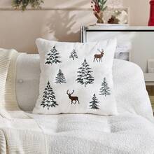 1 pieza Funda de almohada decorativa bordada con reno y árbol de Navidad, adecuada para decoración interior, funda de almohada navideña, sin incluir el relleno de la almohada