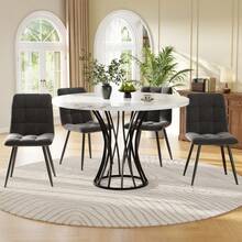 Dining Table Set (5 Pieces), Dining Table Set With 4 Chairs, Modern Kitchen Table Set, 80 Diameter Round Kitchen Table, Black Legs, White Marble Table Top, Grey Velvet Dining Chairs - 1 - View 2