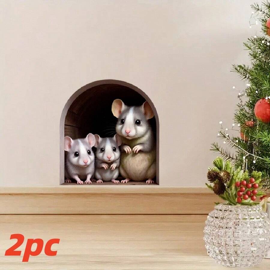 2 حزمة ملصقات جدارية بشكل فأر عائلي لعيد الميلاد ثلاثية الأبعاد، ملصقات منزلية ذاتية اللصق من البي في سي مناسبة لديكور غرفة المعيشة والنوم والمطبخ والمزرعة، هدايا عيد الميلاد المثالية