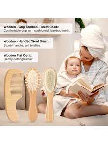 3件套婴儿护理刷梳套装 - 婴儿头皮护理刷、按摩发刷、木梳，适合幼儿、新生儿和婴儿 | 婴儿用品登记礼物 - 彩色 - 查看 4