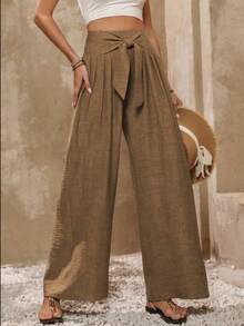 Women's Casual High Waist Wide Leg Pants, Solid Color, Soft Fabric, Elastic Waistband - 卡其色 - 查看 4