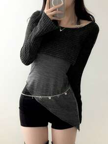 两件套，包括一件带领环的无袖背心和一件薄针织长袖上衣，春季款 - 灰色 - 查看 4