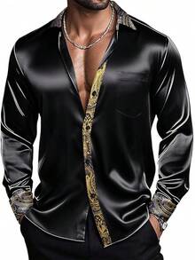 Mens Satin Silk Shirts Long Sleeve Designer Dress Shirt Shiny Untucked Casual Button Down Shirt Party Disco Formalhalloween - 緞面黑色和金色 - 查看 1