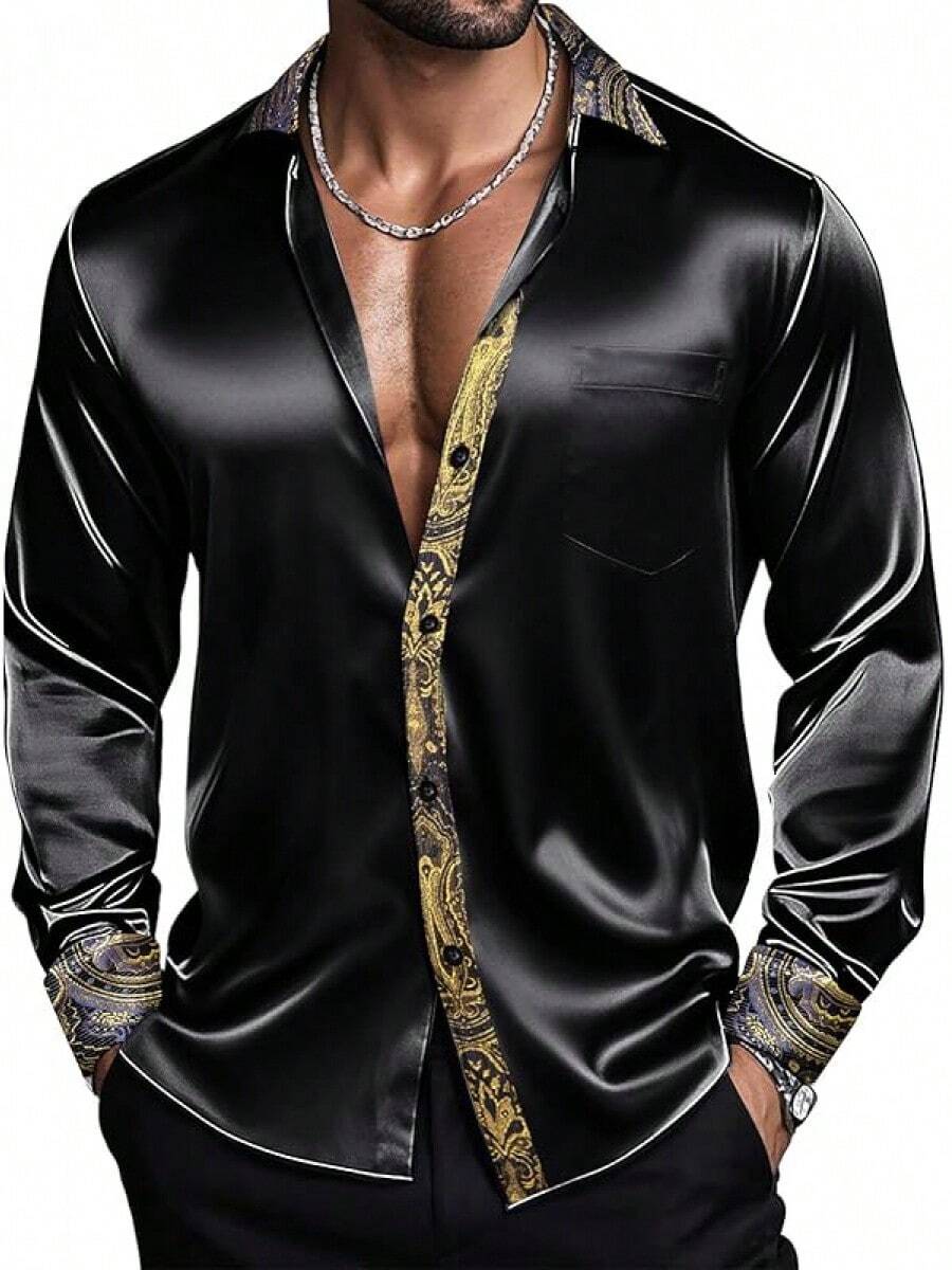Mens Satin Silk Shirts Long Sleeve Designer Dress Shirt Shiny Untucked Casual Button Down Shirt Party Disco Formalhalloween - 緞面黑色和金色 - 查看 1