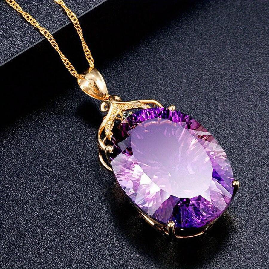 1 Piece Women's Luxurious Palace Style Large Oval Purple Synthetic  Necklace - Vintage Style White Gold Plated Inlay, With Transparent Embellished Frame, Deep Violet Center Stone, Elegant Gift For Valentine's Day, Anniversary, Party And Casual Outfits, Exquisite Chain For Banquets And Vacations, Large Women's Necklace - 紫色的 - 查看 1