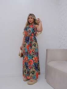 vestido long para mulheres floral 3d estilo de ferias na praia amarracao nacintura e fenda de verao - Azul Empoeirado - Visão 1