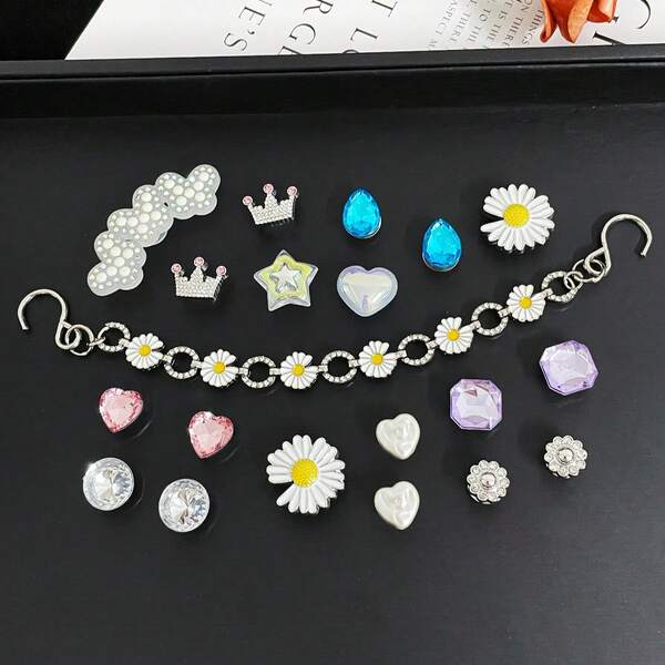 20pcs Fashion Shoe Decorations, Daisy Diamond Flower DIY Shoe Accessories, Alloy Daisy Shoe Chains, Suitable For Clogs, Sandals, Beach Bags Decoration, Holiday Gifts