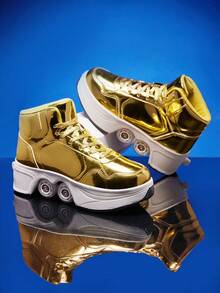 1双男士金色PU系带厚底四轮轮滑鞋，多功能滑板鞋，适合户外，可伸缩二合一 - 金色 - 查看 5