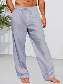 Mens Linen Cotton Casual Pants Elastic Waist Drawstring Lightweight Pants Loose Fit Summer Beach Yoga Trousers - 灰色 - 查看 2