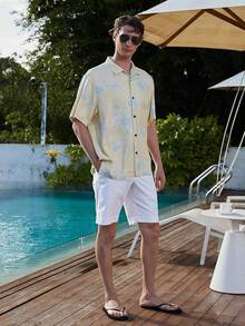 Men's Silk Hawaiian Floral Shirts Short Sleeve Button Down Casual Tropical Holiday Beach Shirtshalloween - Màu vàng - Xem 3