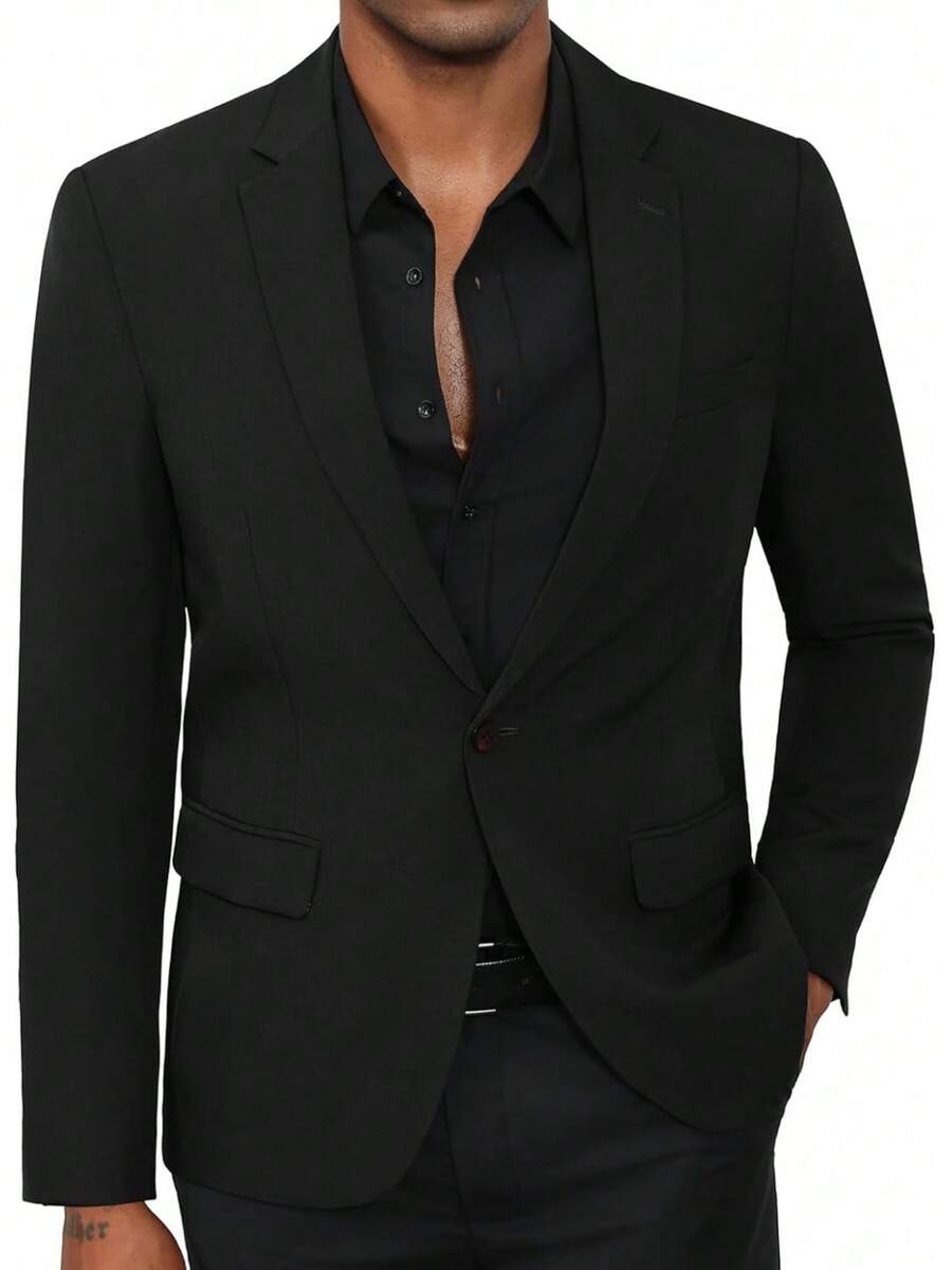 Men's Casual Blazer Jacket, Lightweight Regular Fit For Business - Black - View 1
