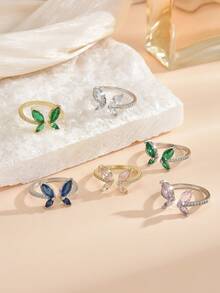 1 Peça Anel Aberto com Design de Borboleta Incrustado de Zircônia Cúbica em Cobre, Design Delicado e Vívido, Pertence ao Estilo de Joias Fresco e da Moda, Adequado para Embelezamento do Visual Diário