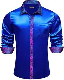 Mens Satin Silk Shirts Long Sleeve Designer Dress Shirt Shiny Untucked Casual Button Down Shirt Party Disco Formalhalloween - 緞面青藍色 - 查看 5