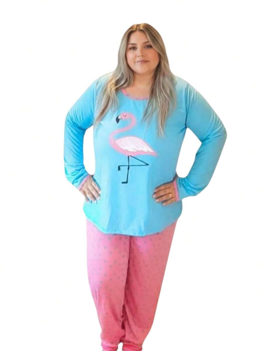 Women's Long Plus Size Cold Pajamas (G1-50/G2-52/G3-54) Printed On Quality Knit - 藍色 - 查看 1