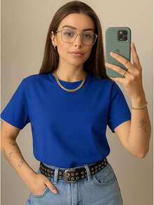 Women's T-Shirt Blouse Short Sleeve Premium Mesh Casual Plain Casual - 寶藍色 - 查看 1