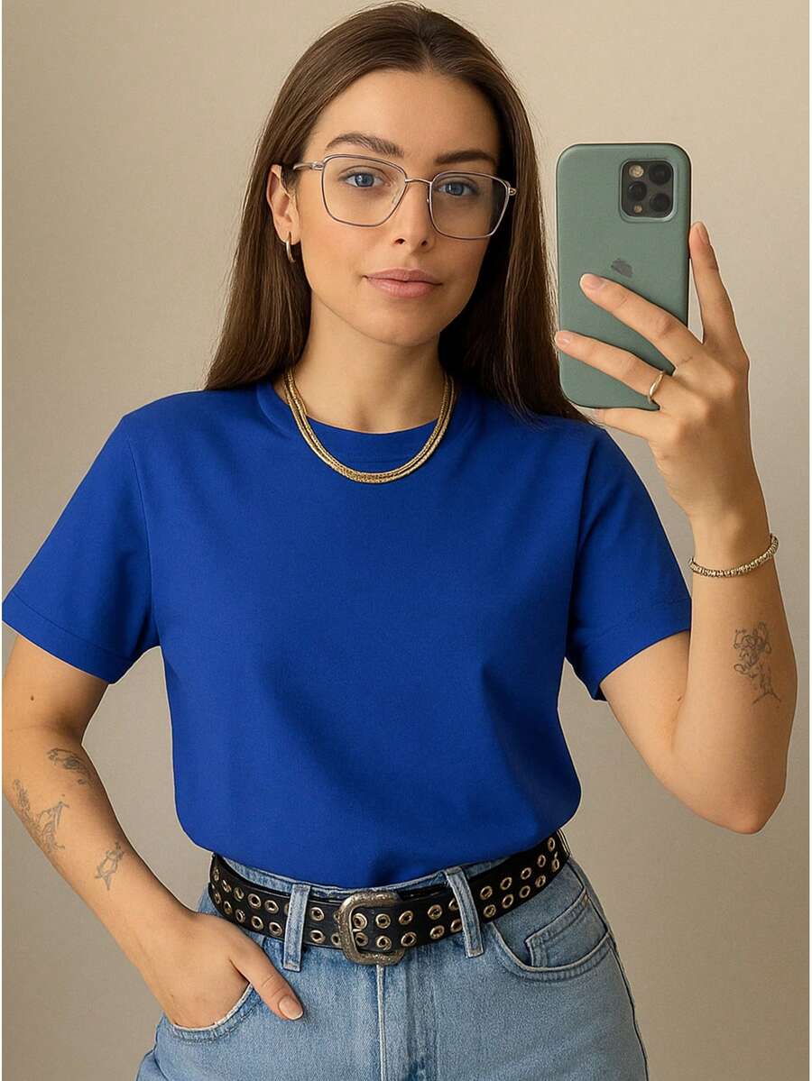 Women's T-Shirt Blouse Short Sleeve Premium Mesh Casual Plain Casual - 寶藍色 - 查看 1