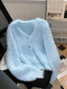 Women's Baby Blue Solid Color Elegant Vintage Casual Romantic Knitted Button Faux Fur Collar Long Sleeve Cardigan V-Neck Sweater, Suitable For Tea Party, Back To School, Party, Date Night, Daily Wear, Travel, Early Spring, All Season - Baby Blue - View 4