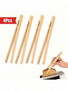4pcs Bamboo Bread Tongs For Toasting Bread, Pickling, Tea Making, Cooking, Kitchen Clamps, Outdoor Camping Hiking Cooking Utensils Barbecue Tool Accessories - Brown - View 6