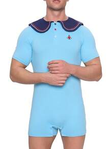 Men's Cotton  Sailor Collar Bodysuit Short Sleeve Print Romper Pajama - Captainhalloween - 淺藍色 - 查看 4