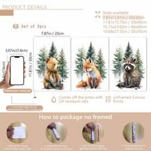 3 buc/set poster pe pânză cu animale din pădure pentru camera copiilor, decor de perete pentru camera copiilor, cadou pentru petrecerea de baby shower, artă pentru camera copiilor, animale din pădure, animale în acuarelă, urs, vulpe, raton, potrivit pentru decorul casei, decorul camerei, decorul dormitorului, decorul camerei de zi, decorul băii, decorul de perete, artă de perete opțională cu ramă