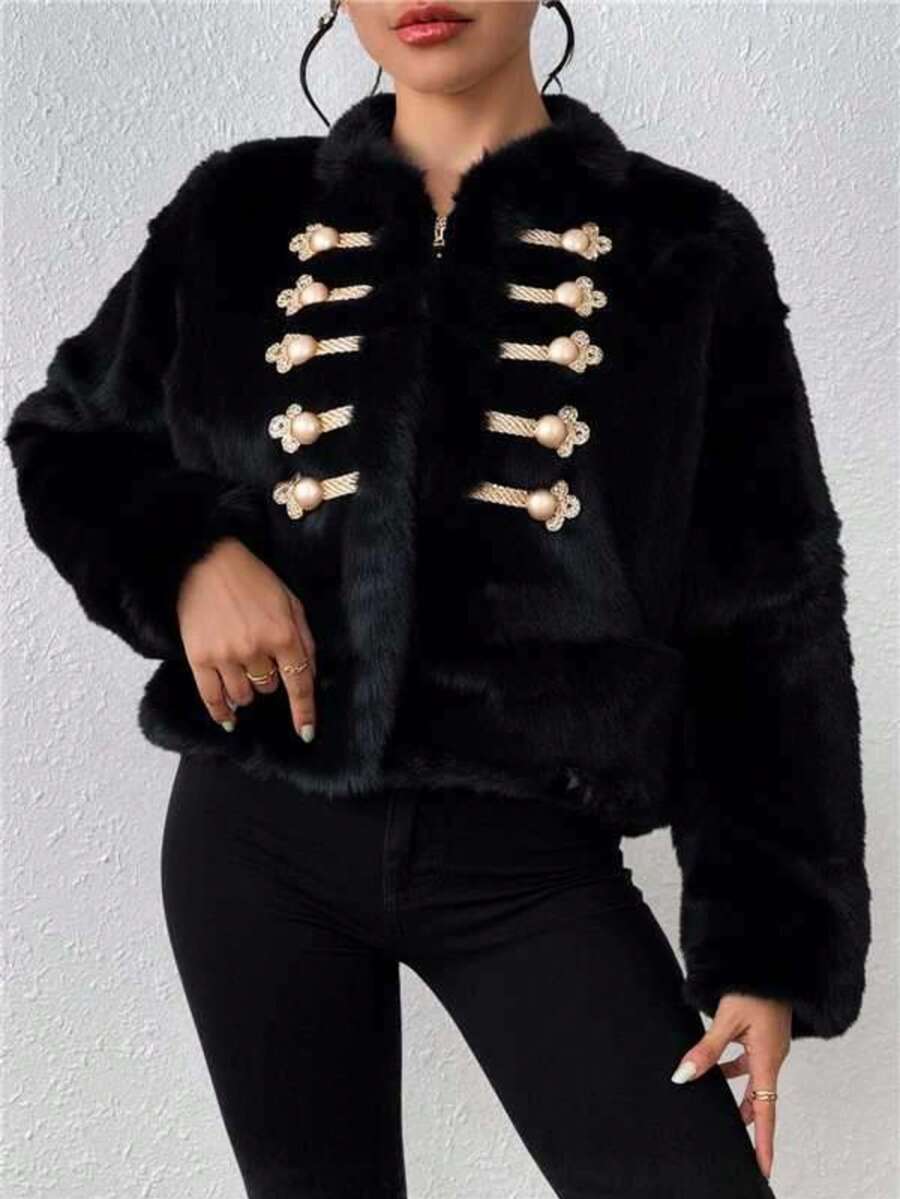 Novedades otoño/invierno Ropa de abrigo para mujer Chaqueta corta con ribete de piel Diseño cruzado Forro polar grueso para proteger del frío Cierre con cremallera y bolsillos Elegante estilo bohemio Y2K Informal, sensual, ropa para estar en casa, salidas, vacaciones, fiestas Prendas de punto cálidas a rayas Pantalones con motivos bordados Adecuado para Navidad, Halloween, Año Nuevo, Día de Muertos, citas, cumpleaños, bodas - Negro - Ver 1