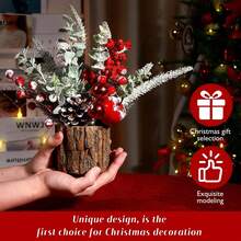Juego de decoración navideña con barril de tronco, pequeño árbol de Navidad, adornos de sobremesa, accesorios de escena. Decoración del hogar con árbol de Navidad artificial de madera con corteza de PE simulada, pequeño árbol de Navidad de sobremesa con decoraciones festivas como bayas rojas, piñas y decoraciones navideñas para el hogar, la chimenea y la decoración de interiores de invierno.
