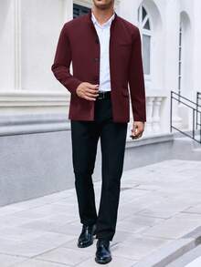 Mens Casual Suit Blazer Jackets Stand Mandarin Collar Lightweight Lined Business Dress Sport Coats - 酒紅色 - 查看 4
