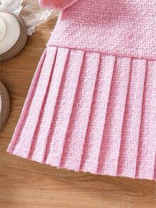 Girls' Elegant Solid Color Spring/Autumn Dress, Girls' Solid Color Back Zipper Long Sleeve Patchwork Pleated Skirt Dress, Gentle Lady Style, Comfortable & Versatile Daily Wear, Children Clothing - 粉色 - 查看 5