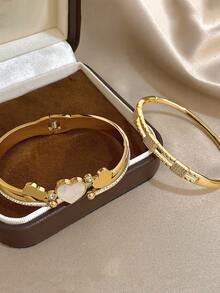 Pulsera elegante de brazalete con diamantes de imitación con forma de corazón para mujeres, pulsera cuadrada de acero inoxidable dorado para uso diario, fiestas, joyería, regalos de Halloween y Navidad