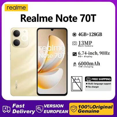 Realme Smartphone REALME Note 70T 4G 4GB+128GB Processador UNISOC T7250 Câmera principal de 13MP 6.74" 90Hz 6000mAh, Versão Europa