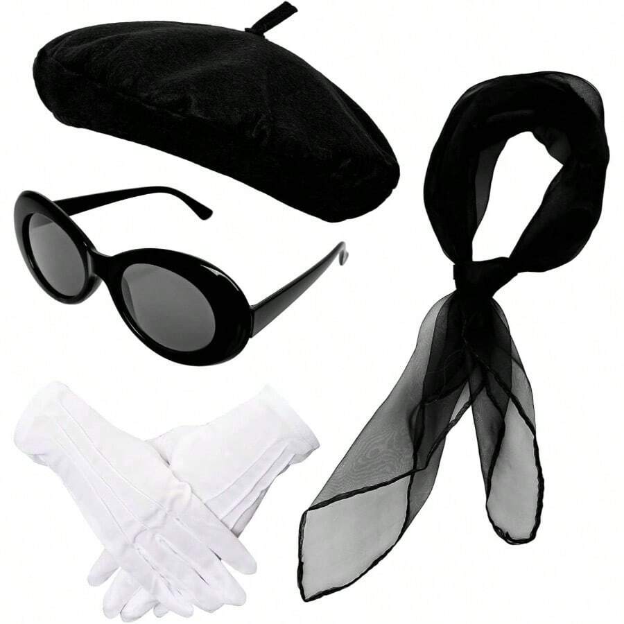 5 Pcs French Red Beret Hat Set Women Costume Accessories Including Scarf Gloves Beret Hat Halloween