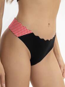 6pcs Seamless Scallop Contrast Design Women's Thong Panties, Comfortable Breathable Striped Plaid Underwear