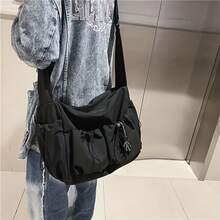 Casual Black And White Simple Men's Messenger Bag, Japanese Ins Versatile Women's Shoulder Bag, Large Capacity Couple Workwear Crossbody Bag - 黑色 - 查看 7