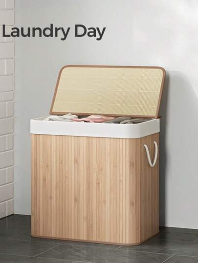 Laundry Hamper Basket With 3 Sections, Clip-On Lid And Handles, 150L Foldable, For Laundry Room, Bedroom, Bathroom, Wood Colour/White/Grey