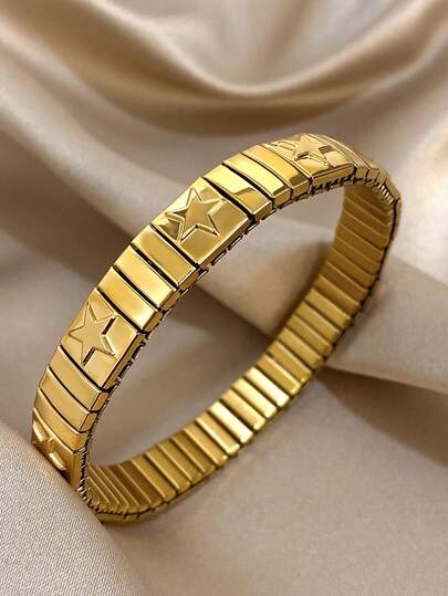1 Pieza Pulsera elástica con brazalete de acero inoxidable chapado en oro de 18K con diseño de estrella pentagonal, set de joyería para mujeres y niñas, regalo para mamá en Navidad, Acción de Gracias, Halloween, boda, fiesta, uso diario, aniversario, San Valentín, cumpleaños, dama de honor