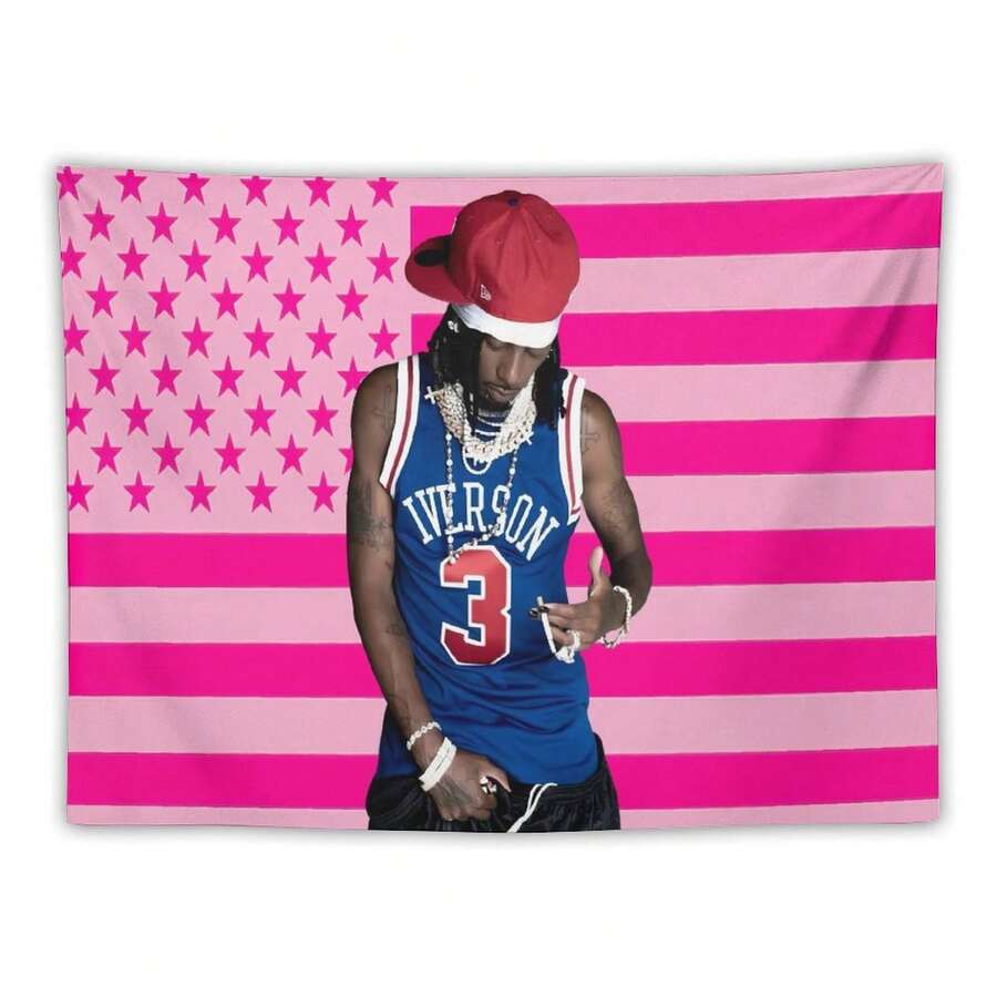 Playboi Rapper Carti American Flag Tapestry. Pink Gift. Easy Hang, Durable. Ideal For Living Room. Bedroom. Man Caves, Dorm Decor. Outdoor Parties. - Pink - View 1