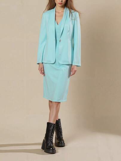 2025 New European & American Style Women's Solid Color Elegant Casual Commuter Suit, Long Sleeve Single-Breasted Lapel Blazer Jacket Paired With V-Neck Sleeveless High Waist Mid-Length Bodycon Dress 2-Piece Set