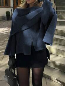 女士秋冬不对称超大围巾式休闲法式设计夹克，适合通勤、返校，时尚秋季 - 深灰色 - 查看 2