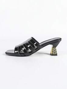 Sandálias de Salto Alto Aberta Preta Moda Feminina - Salto Fino Dourado de Bico Quadrado Vazado - Sandálias Elegantes para Vestido Adequadas para Uso Diário, Festa e Ocasiões à Noite - Preto - Visão 6